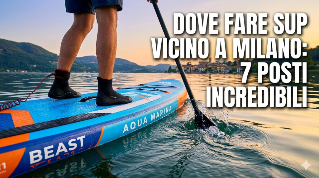 Un paddler sale su una tavola da SUP Aqua Marina all'alba su un lago calmo, perfetto per dove fare SUP vicino a Milano