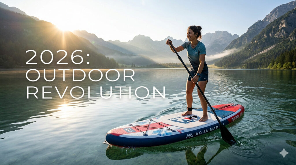 Sport all'aria aperta 2026: una ragazza rema su un SUP Aqua Marina Fusion in un lago di montagna al tramonto.