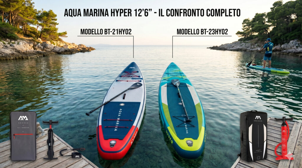 Aqua Marina Hyper 12'6 in due versioni (modello BT-21HY02 e modello BT-23HY02) affiancate in acqua cristallina vicino a un molo in legno per un confronto tecnico completo tra generazioni di SUP touring.