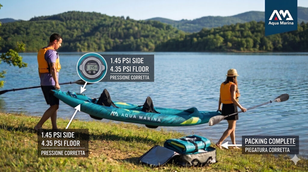 Aqua Marina STEAM: infografica dettagliata sulle fasi di gonfiaggio a 1.45 psi e 4.35 psi e corretta piegatura del kayak gonfiabile nello zaino.