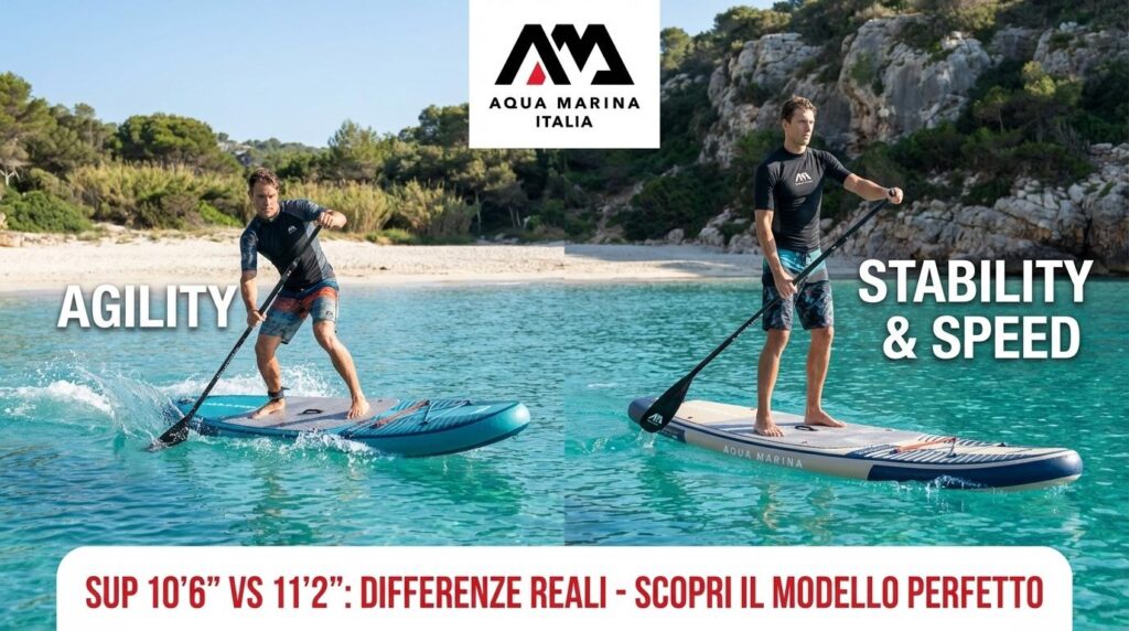 SUP 10’6 vs 11’2: differenze reali. Una scena comparativa professionale che mostra l'agilità della misura 10'6 e la stabilità della 11'2.