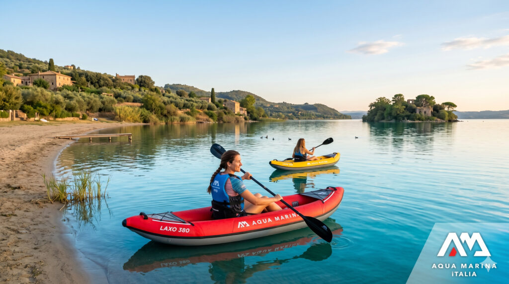 Laghi italiani per principianti: Elenco Ufficiale del 2026 | Aqua Marina Laghi italiani per principianti: una principiante con kayak gonfiabile Aqua Marina rosso Laxo rema su un lago vulcanico del Centro Italia, con colline mediterranee e borgo antico sullo sfondo e logo Aqua Marina ITALIA.