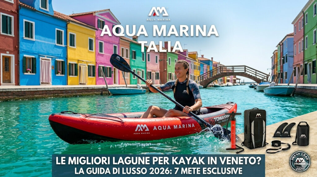 Le migliori lagune per kayak in Veneto: un kayak Aqua Marina rosso scivola tra i canali di Burano con le case colorate.