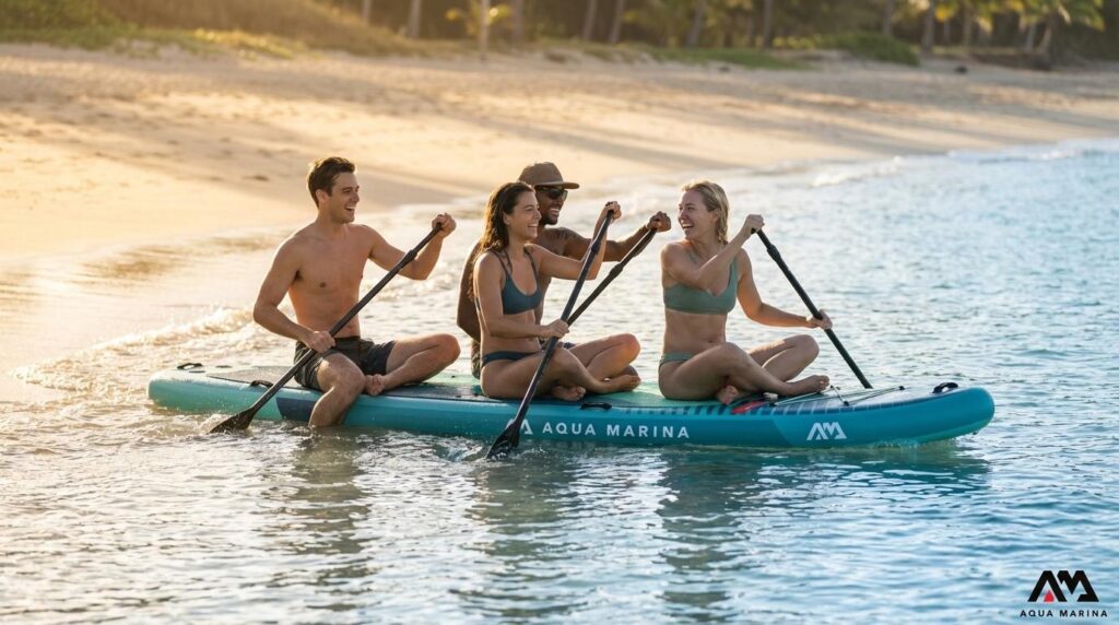 Gruppo di tre ragazzi che praticano SUP con amici su una tavola multi-persona Aqua Marina Super Trip in un mare cristallino al tramonto.