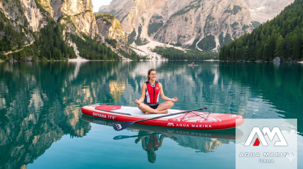 SUP e mindfulness: una donna pratica meditazione in posizione seduta a gambe incrociate (Sukhasana) su una tavola da SUP Aqua Marina Dhyana ferma in un lago alpino specchiato, con il logo Aqua Marina ITALIA.