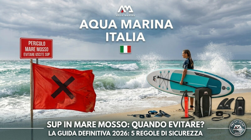 SUP in mare mosso: quando evitare l'uscita. Una bandiera rossa X sulla spiaggia con mare agitato segnala pericolo per lo Stand Up Paddle Aqua Marina.