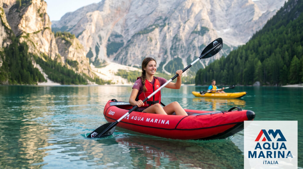Tecniche base kayak: una principiante in kayak gonfiabile Aqua Marina Laxo rosso pratica la pagaiata corretta su un lago alpino con montagne sullo sfondo e logo Aqua Marina iTALIA.