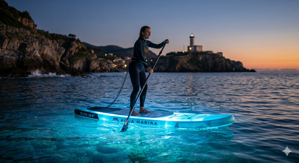 Aqua Marina Glow 10'4" in navigazione notturna illuminato dai LED integrati.