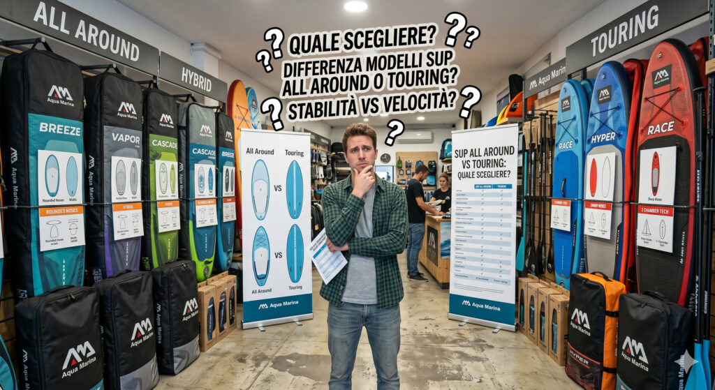 Differenza modelli SUP: 1 incredibile modo per scegliere | Aqua Marina Differenza modelli SUP: un cliente indeciso e in crisi in un negozio di stand up paddle Aqua Marina tra tavole All Around, Hybrid e Touring.