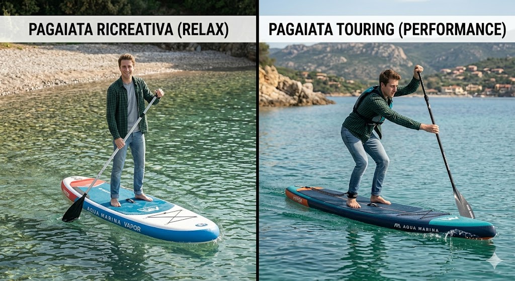 Differenza tra pagaiata ricreativa e touring: confronto visivo della postura corretta in piedi su un SUP Aqua Marina.