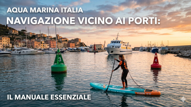 Navigazione vicino ai porti: un kayak Aqua Marina si tiene a distanza di sicurezza dai fanali rosso e verde dell'imboccatura portuale.
