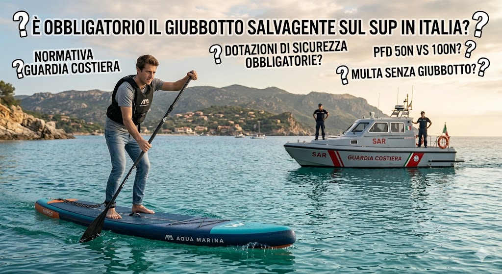 Obbligatorio giubbotto salvagente sul SUP: 1 Unico Manuale | Aqua Marina Obbligatorio giubbotto salvagente sul SUP: ragazzo con gilet di sicurezza a bordo di una tavola Aqua Marina affiancato da una motovedetta della Guardia Costiera.