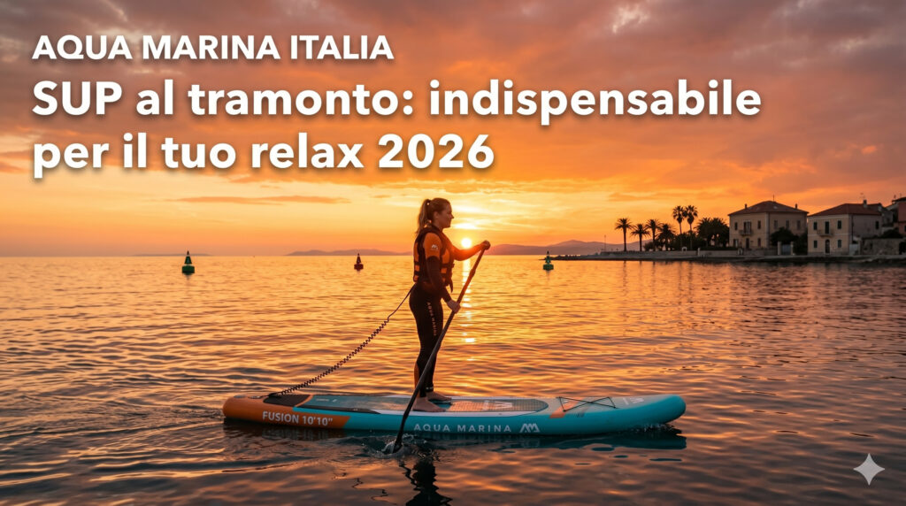 SUP al tramonto: una paddler su una tavola Aqua Marina Fusion 10'10" scivola in mare durante un tramonto dorato con un borgo costiero sullo sfondo.