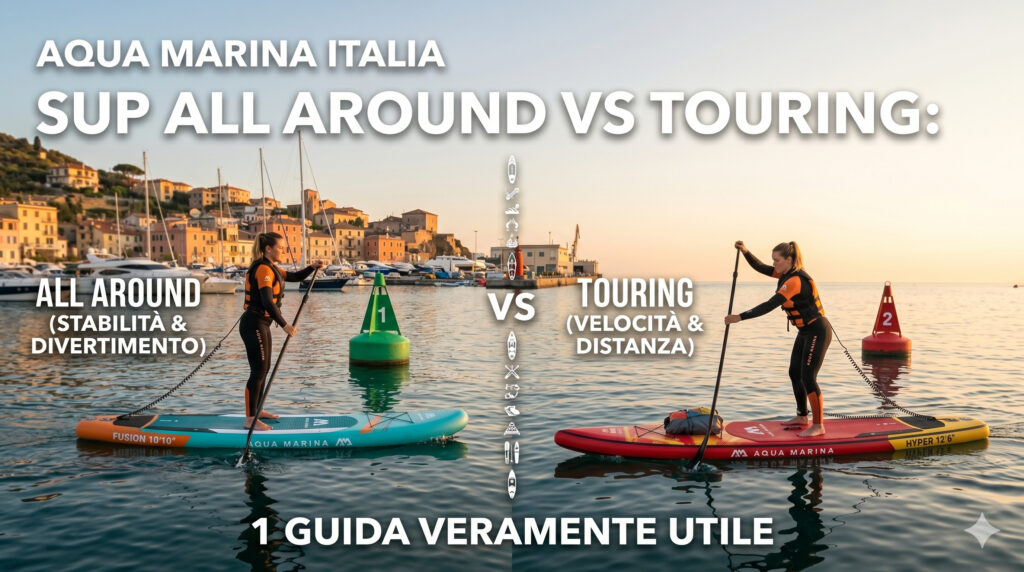 SUP all around vs touring: confronto tra una tavola Aqua Marina Fusion e una Hyper sulla spiaggia per mostrare la differenza di forma.