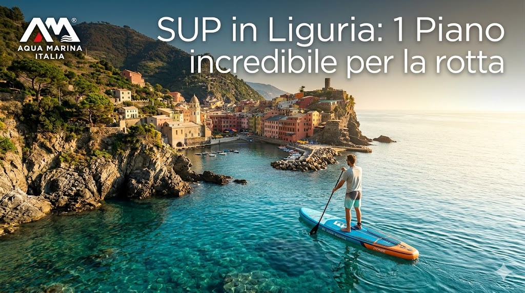 SUP in Liguria: una tavola Aqua Marina scivola sulle acque cristalline davanti al borgo di Portofino.