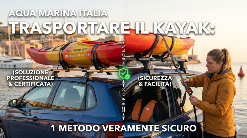 Trasportare il kayak: un modello Aqua Marina gonfiabile fissato correttamente sulle barre portatutto di un'auto con cinghie di sicurezza.