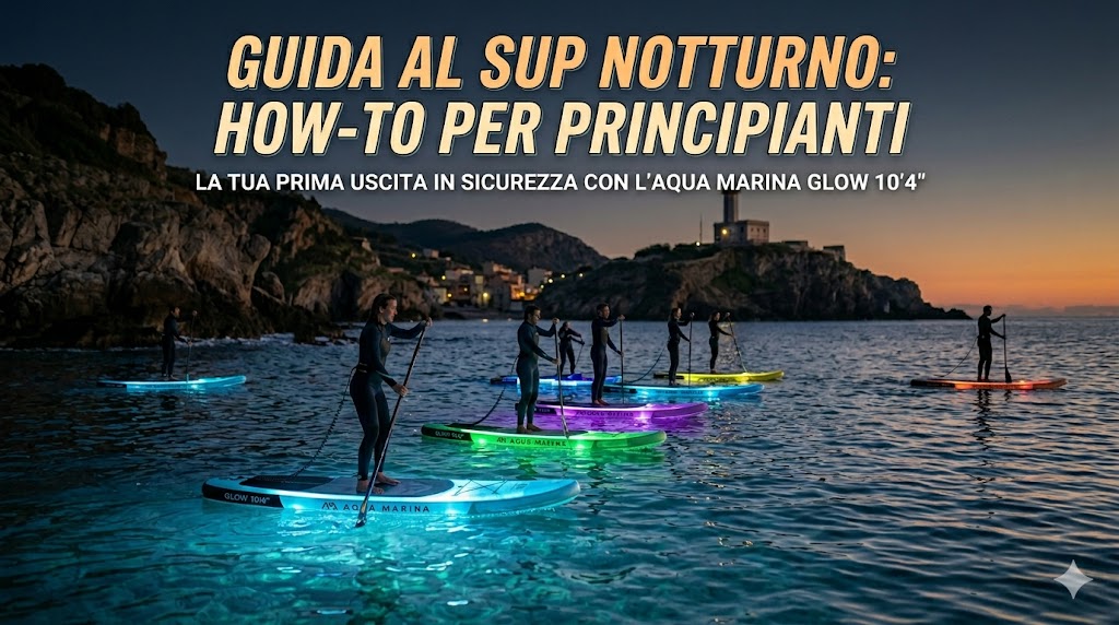 Uscita notturna in SUP: il 1 Straordinario Manuale Completo | Aqua Marina Uscita notturna in SUP con un gruppo di paddler su tavole Aqua Marina Glow illuminate.