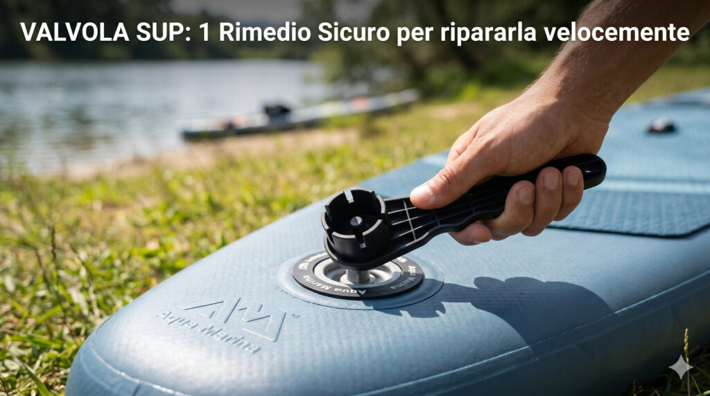 Valvola SUP: 1 Rimedio sicuro per ripararla velocemente | Aqua Marina Valvola SUP di una tavola gonfiabile Aqua Marina mentre viene serrata con la chiave a stella nera per eliminare perdite d'aria.
