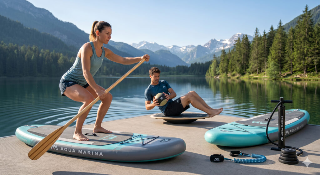 Allenamento SUP: sessione di preparazione atletica a secco con balance board, palla medica e tavola Aqua Marina sul pontile.