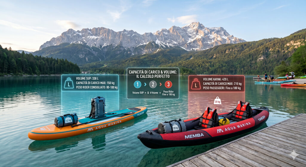 Capacità di carico SUP e del kayak: infografica comparativa Aqua Marina su volume in litri e portata dei gonfiabili a riva su un lago alpino.