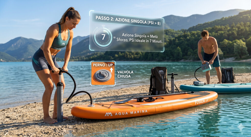 Come gonfiare il SUP velocemente: infografica Aqua Marina con grafici su tempi, pressione PSI e posizione corretta della valvola a baionetta.