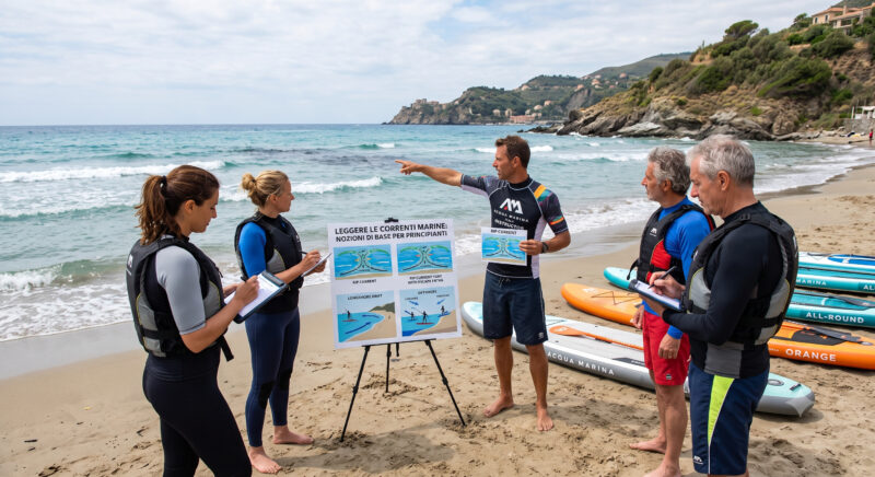 correnti marine principianti: un istruttore di una scuola di stand up paddle Italia spiega i flussi di risacca e la sicurezza in mare SUP a un gruppo di allievi sulla spiaggia utilizzando un tabellone didattico.
