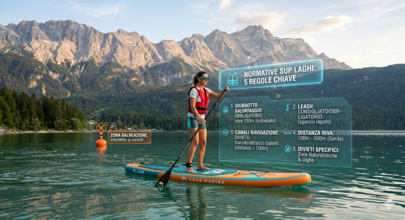 Normative SUP laghi: infografica esplicativa Aqua Marina sulle 5 regole chiave per navigare in sicurezza nelle acque interne italiane.