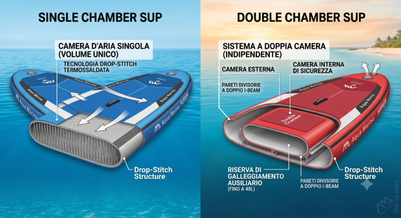 Camera d'aria sup singola o doppia: sezione tecnica esplicativa della struttura Drop-Stitch nei modelli Aqua Marina Fusion e Hyper.