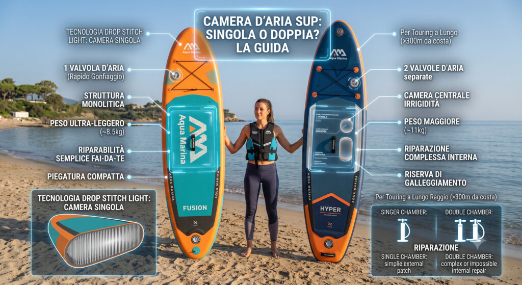 Camera d'aria SUP: infografica tecnica comparativa tra la struttura a camera singola Drop Stitch Light e la configurazione a doppia camera.