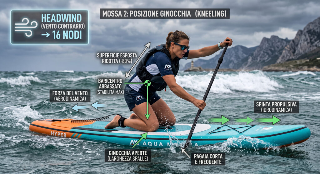 Come affrontare il vento con il SUP: il manuale perfetto in 5 mosse | Aqua Marina Come affrontare il vento con il SUP: infografica d'azione con la tecnica di voga in ginocchio per ridurre l'effetto vela sul mare mosso.