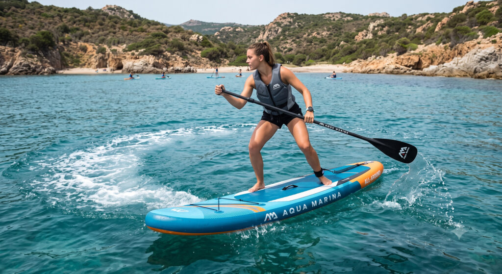 Come curvare con il sup: 1 trucco per il perfetto esperto | Aqua Marina Come curvare con il sup: ragazza esegue una virata in mare con una tavola Stand Up Paddle Aqua Marina senza cadere.