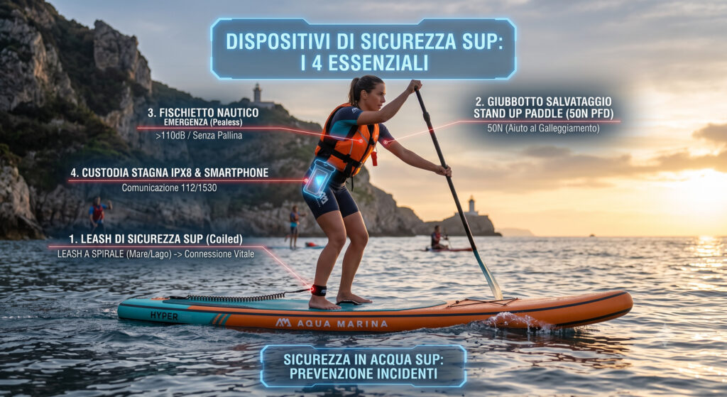Dispositivi di sicurezza SUP: i 4 accessori fondamentali | Aqua Marina Dispositivi di sicurezza SUP: infografica esplicativa Aqua Marina con i 4 accessori fondamentali per prevenire incidenti e navigare in mare o al lago.