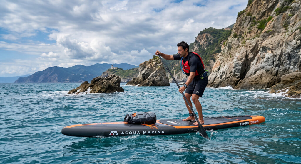 Escursione in sup: 1 guida per il perfetto esperto | Aqua Marina Escursione in sup di un atleta esperto con tavola da touring rigida Acqua Marina lungo le scogliere rocciose italiane.