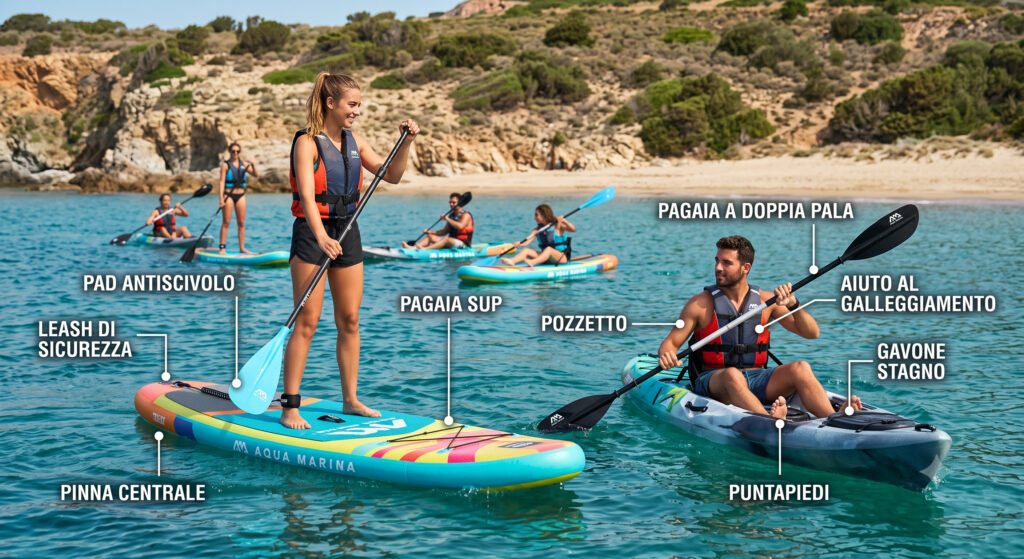 Glossario kayak e sup: guida principiante perfetto | Aqua Marina Glossario kayak e tavola da SUP Aqua Marina con etichette esplicative dei termini tecnici per principianti in mare.