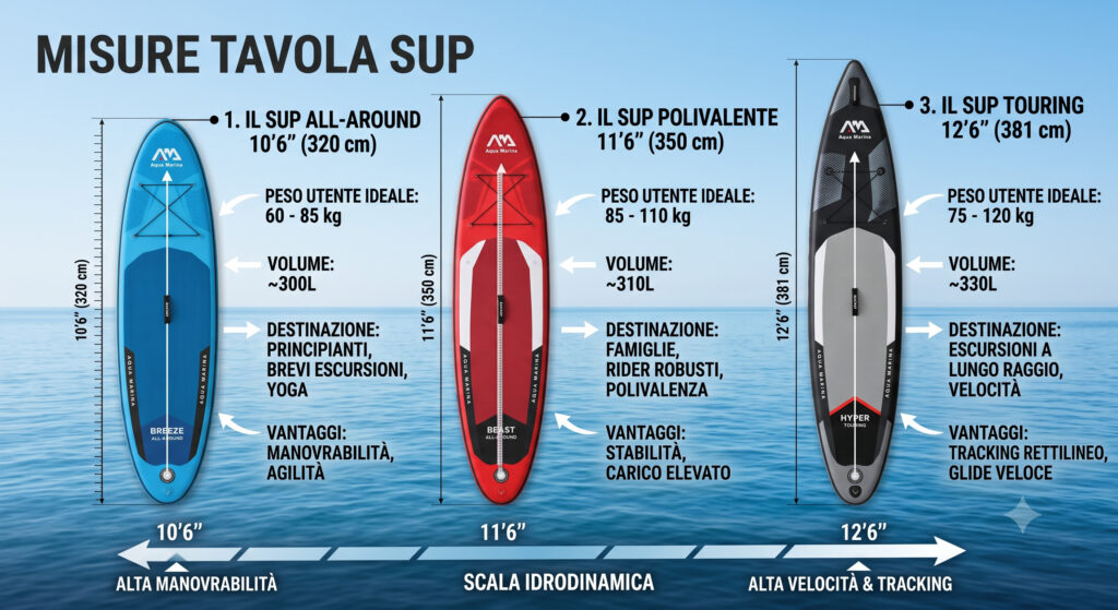 Misure tavola sup: 1 guida per il perfetto esperto | Aqua Marina Misure tavola sup: infografica comparativa che mostra le lunghezze 10'6'', 11'6'' e 12'6'' dei modelli Aqua Marina con specifiche di volume e peso.
