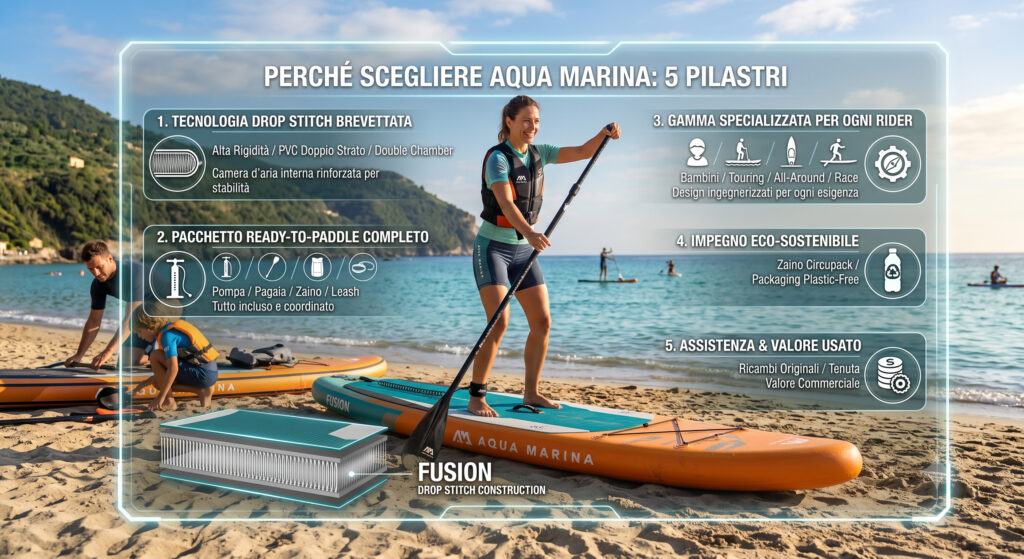 Perché scegliere Aqua Marina: il trucco perfetto in 5 punti | Aqua Marina Perché scegliere Aqua Marina: infografica istituzionale con i 5 pilastri del brand basati su tecnologia Drop Stitch, pacchetto accessori completo e sostenibilità.