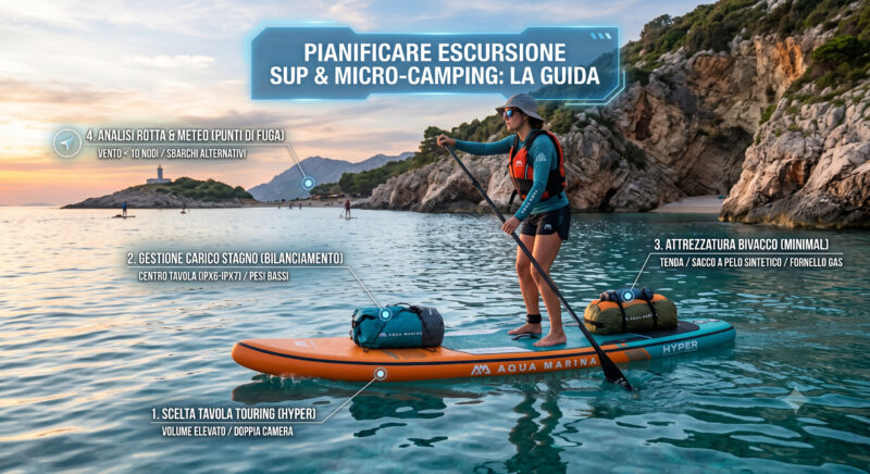 Pianificare escursione SUP: infografica esplicativa Aqua Marina con la guida logistica al micro-camping e allo stivaggio dei bagagli stagni.