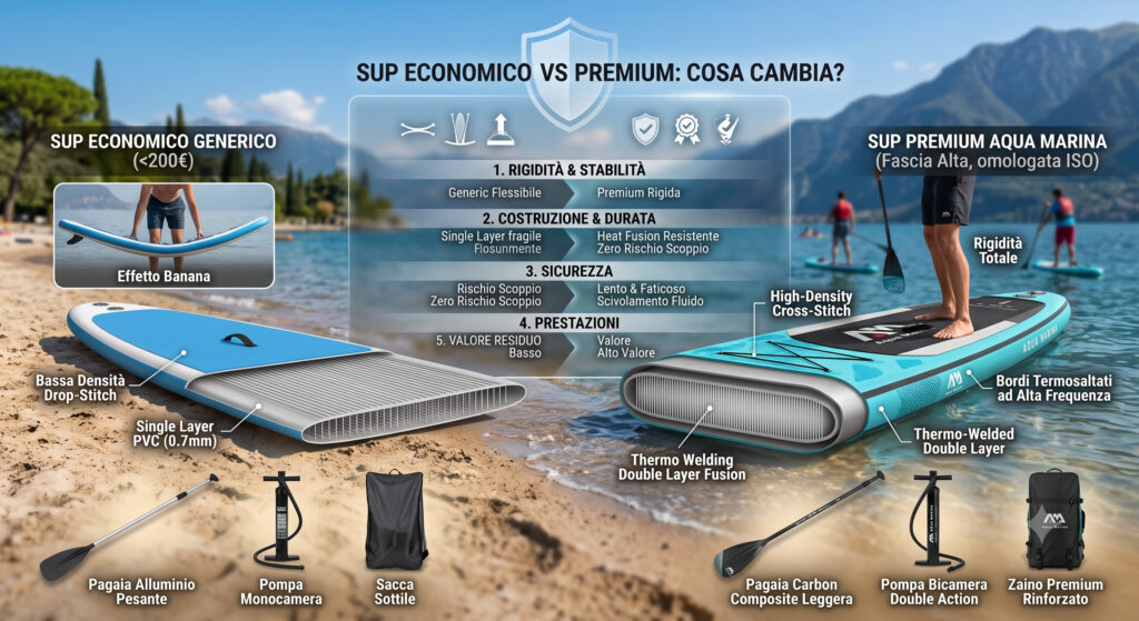 SUP economico vs premium: infografica comparativa che illustra le differenze di costruzione tra un SUP monostrato economico e un SUP premium Aqua Marina con tecnologia Double Layer Fusion.