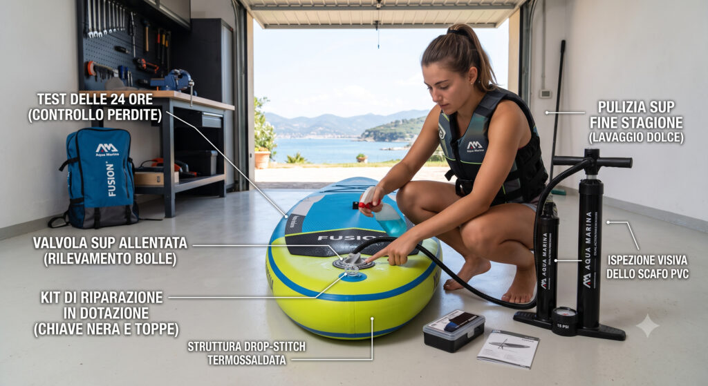 Test delle 24 ore sul sup: 1 guida per il perfetto esperto | Aqua Marina Test delle 24 ore sul sup: ragazza esegue il controllo stagionale delle perdite d'aria sulla valvola di una tavola Aqua Marina in garage.