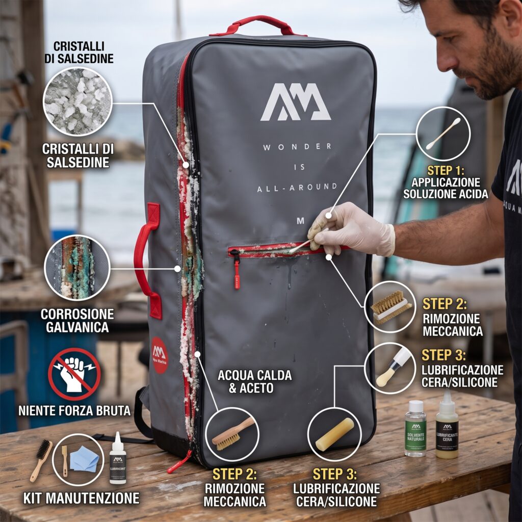 Come sbloccare le cerniere dello zaino: infografica fotografica dettagliata che mostra il processo di rimozione della salsedine e ossidazione dalla zip rossa dello zaino Aqua Marina M, con zoom sui cristalli di sale, l'uso di acqua calda, aceto, spazzolino e l'applicazione finale di lubrificante in cera o silicone.