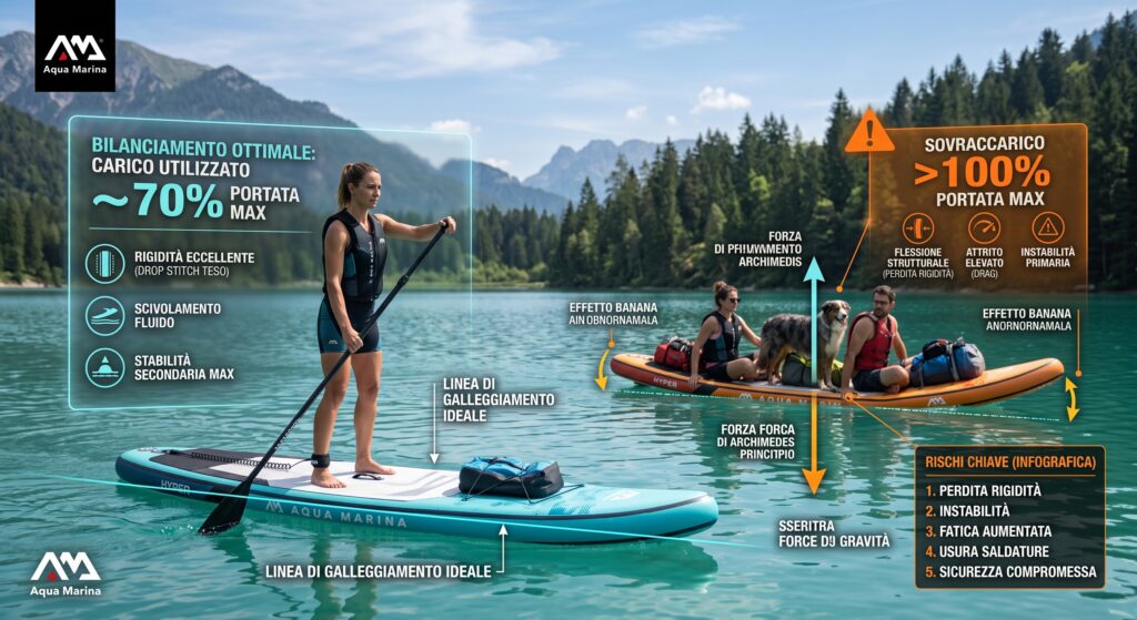Portata massima SUP e kayak: infografica comparativa che illustra il bilanciamento ottimale al 70% di carico rispetto all'effetto banana da sovraccarico su una tavola Aqua Marina.