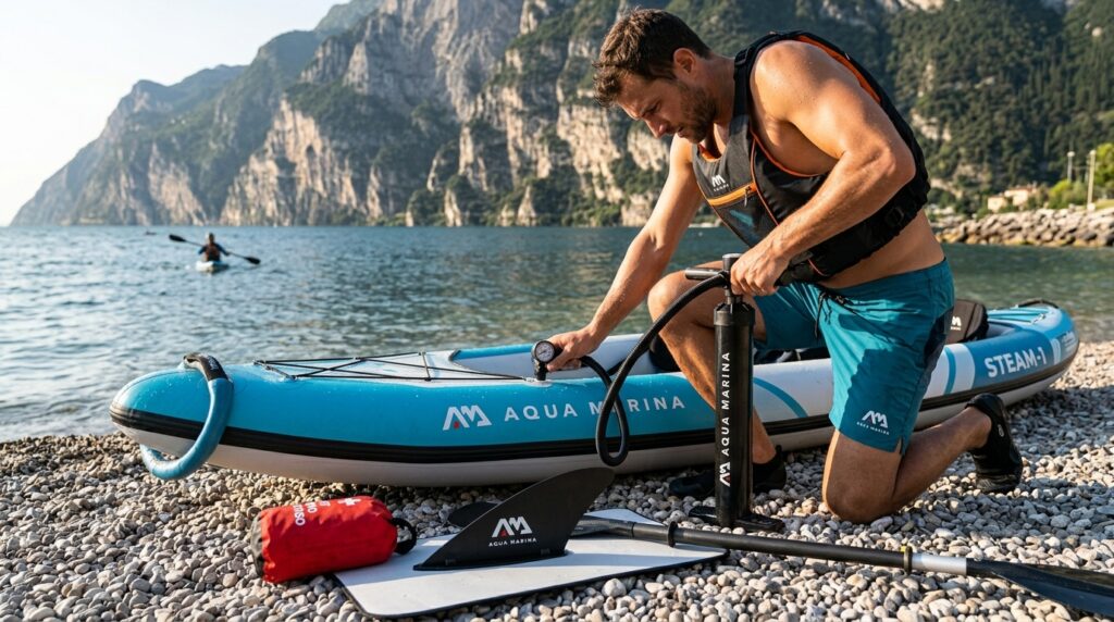 Come gonfiare kayak gonfiabile: un paddler in ginocchio a riva collega il tubo di una pompa ad alta pressione con manometro alla valvola di un kayak Aqua Marina per la misurazione dei PSI.