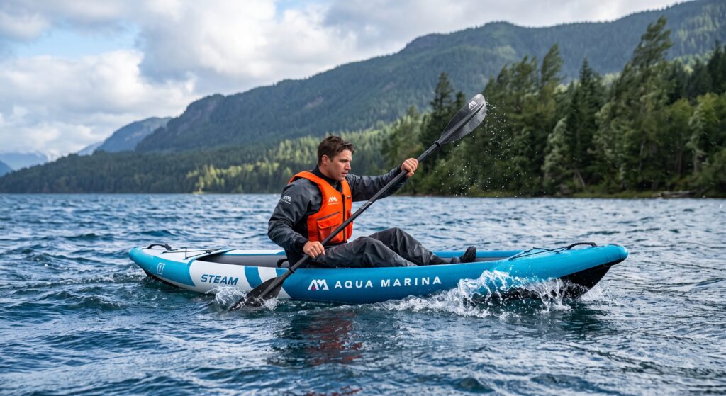 Condurre un kayak con il vento: 4 consigli efficace | Aqua Marina Condurre un kayak con il vento: un kayaker in azione piegato in avanti mentre fende l'acqua e contrasta le raffiche e le onde con una pagaiata decisa.