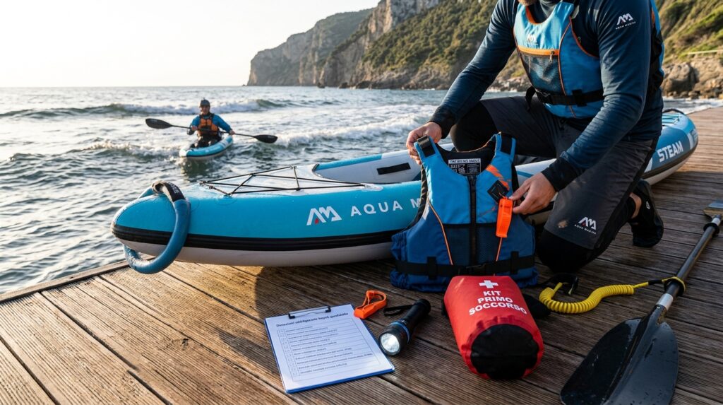 Dotazioni obbligatorie kayak gonfiabile: controlli di sicurezza prima del varo con giubbotto salvagente PFD omologato, fischietto nautico e sacca stagna posizionati sul ponte di un kayak Aqua Marina.