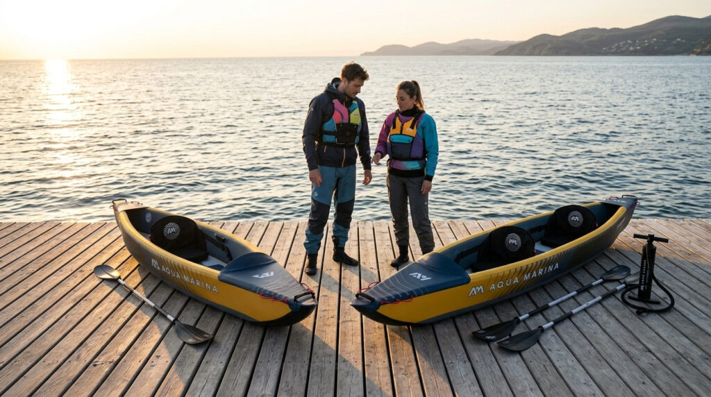 Kayak gonfiabile singolo o biposto: confronto visivo tra un kayak gonfiabile monoposto e un modello biposto (tandem) Aqua Marina pronti all'uso sulla spiaggia prima dell'imbarco.