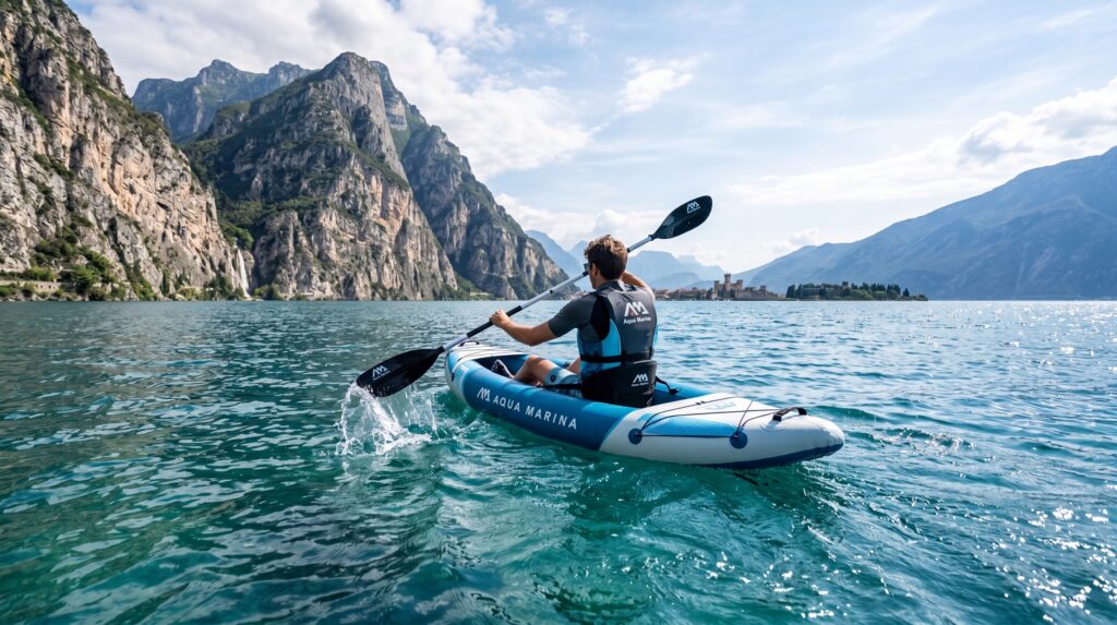 Lago di Garda in kayak gonfiabile: 5 itinerari spettacolare | Aqua Marina Lago di Garda in kayak gonfiabile: un paddler a bordo di un kayak gonfiabile Aqua Marina naviga sulle acque turchesi del Lago di Garda con lo sfondo delle montagne e delle falesie rocciose di Riva del Garda.