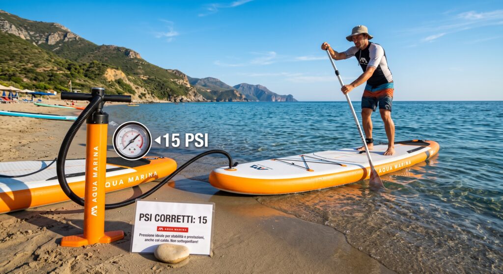 Pressione SUP ideale a 15 PSI misurata con manometro e pompa Aqua Marina in spiaggia