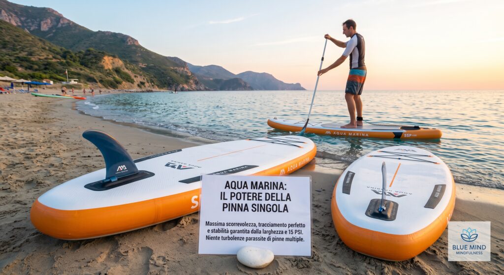 Quante pinne SUP servono: configurazione a pinna singola Aqua Marina su tavola gonfiabile